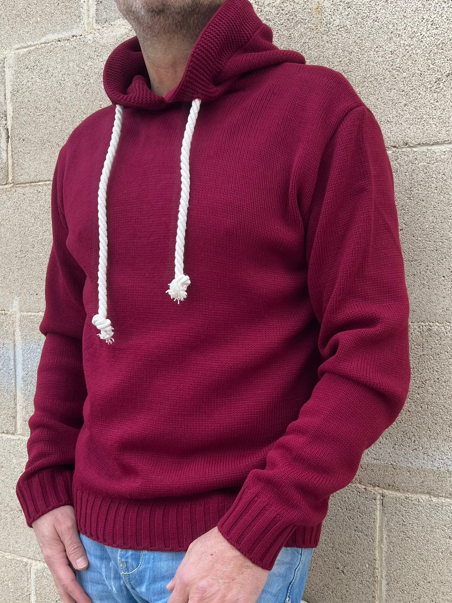 MAGLIA UOMO CON CAPPUCCIO E LACCI IN CORDA  MISTO LANA 100% MADE IN ITALY