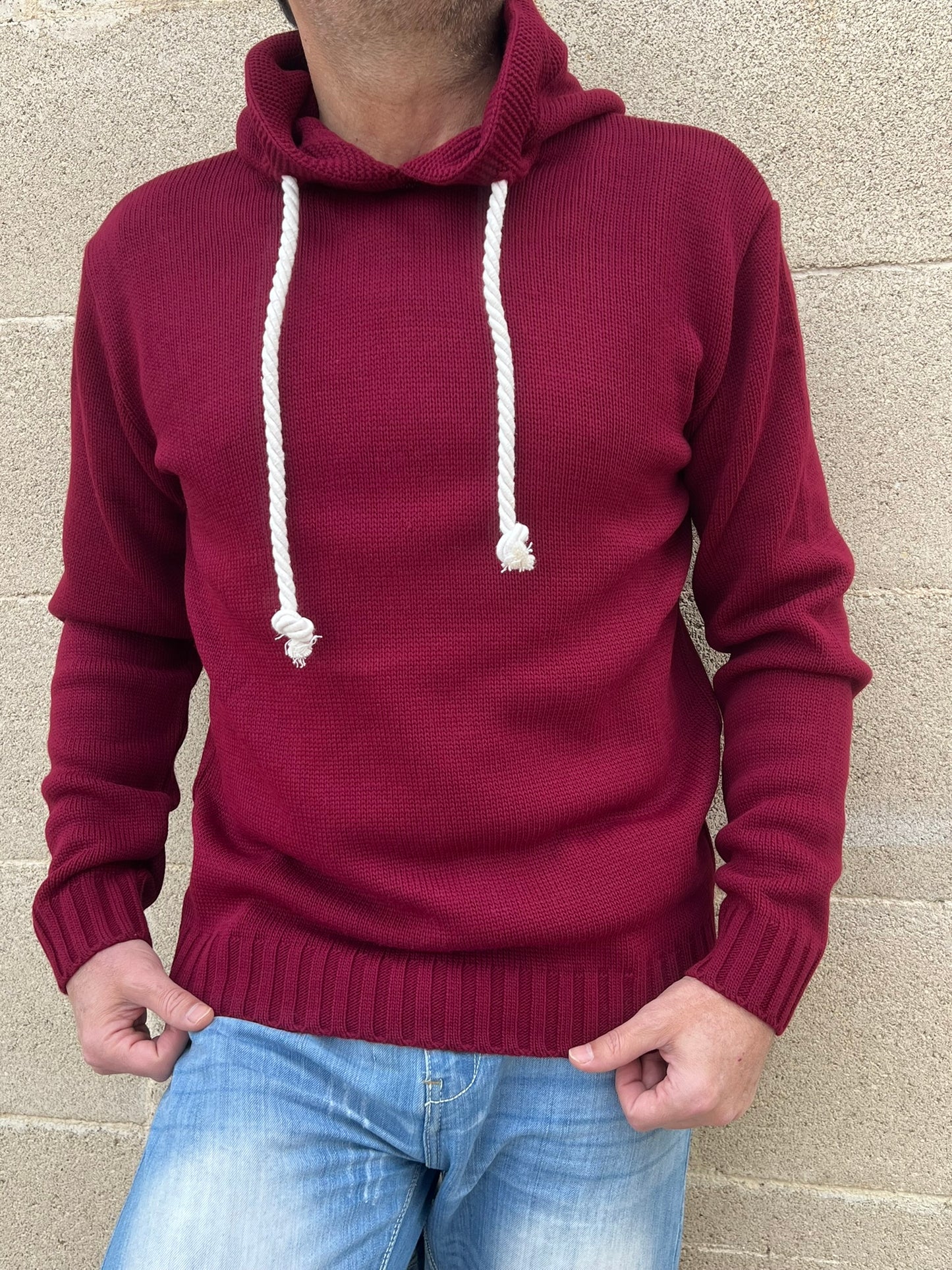 MAGLIA UOMO CON CAPPUCCIO E LACCI IN CORDA  MISTO LANA 100% MADE IN ITALY