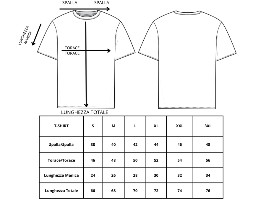 Technical drawing with garment measurements for each size