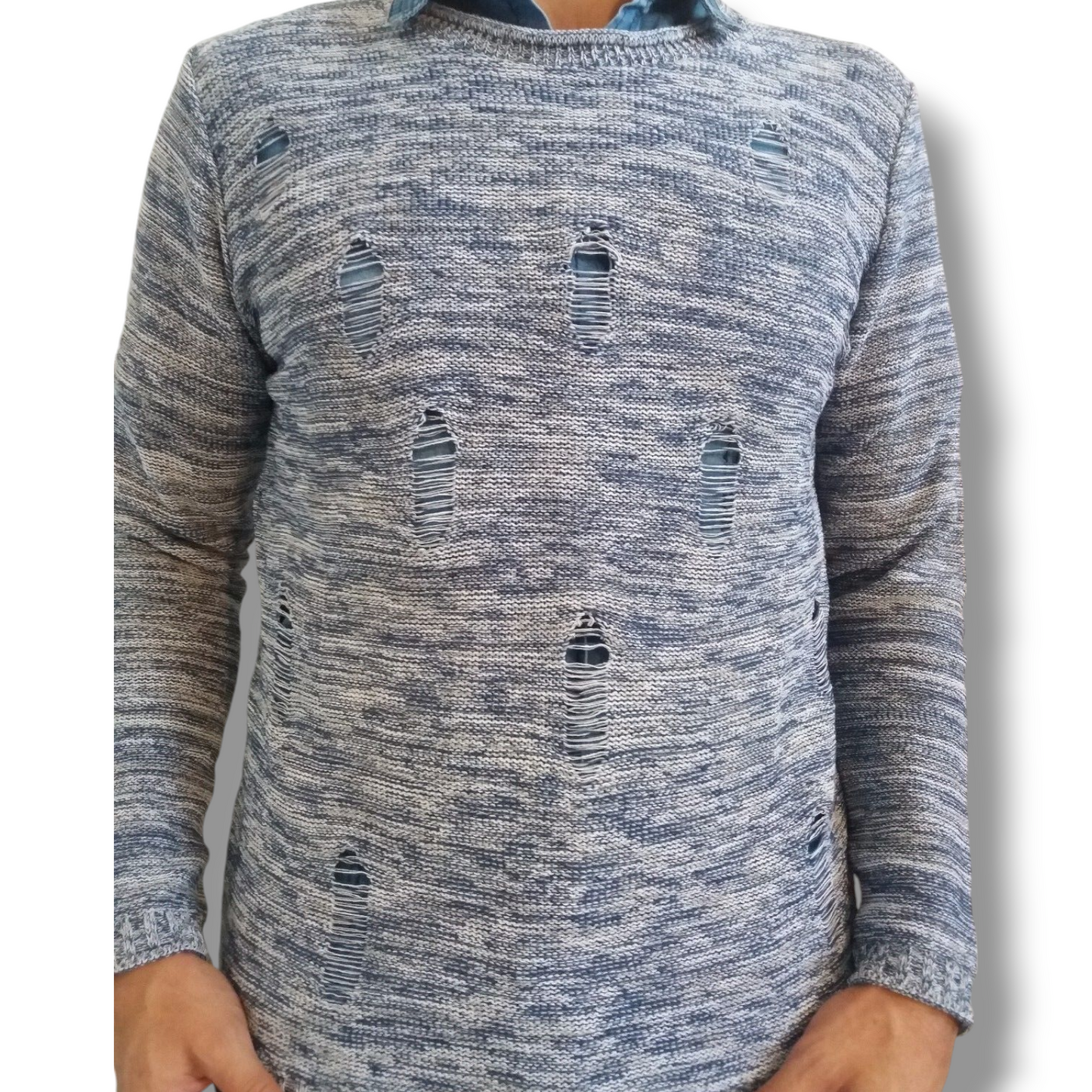 MAGLIA A MANICA LUNGA COTONE CON SMAGLIATURE 100% MADE IN ITALY - Pasqualejimmy