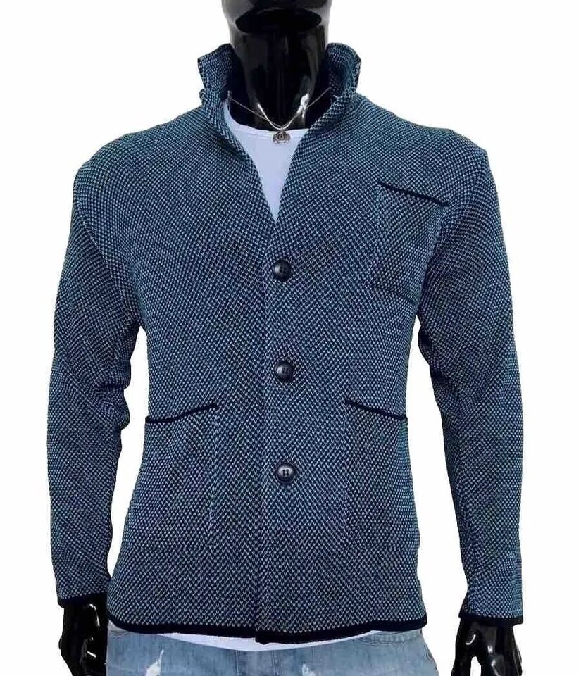 MEN'S COTTON CARDIGAN SLIM PIQUE KNITTED JACKET 100% MADE IN ITALY