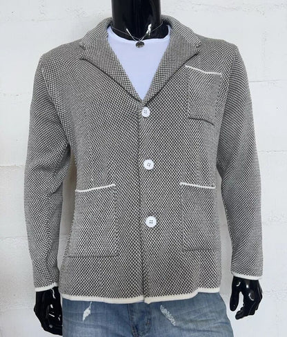 MEN'S COTTON CARDIGAN SLIM PIQUE KNITTED JACKET 100% MADE IN ITALY